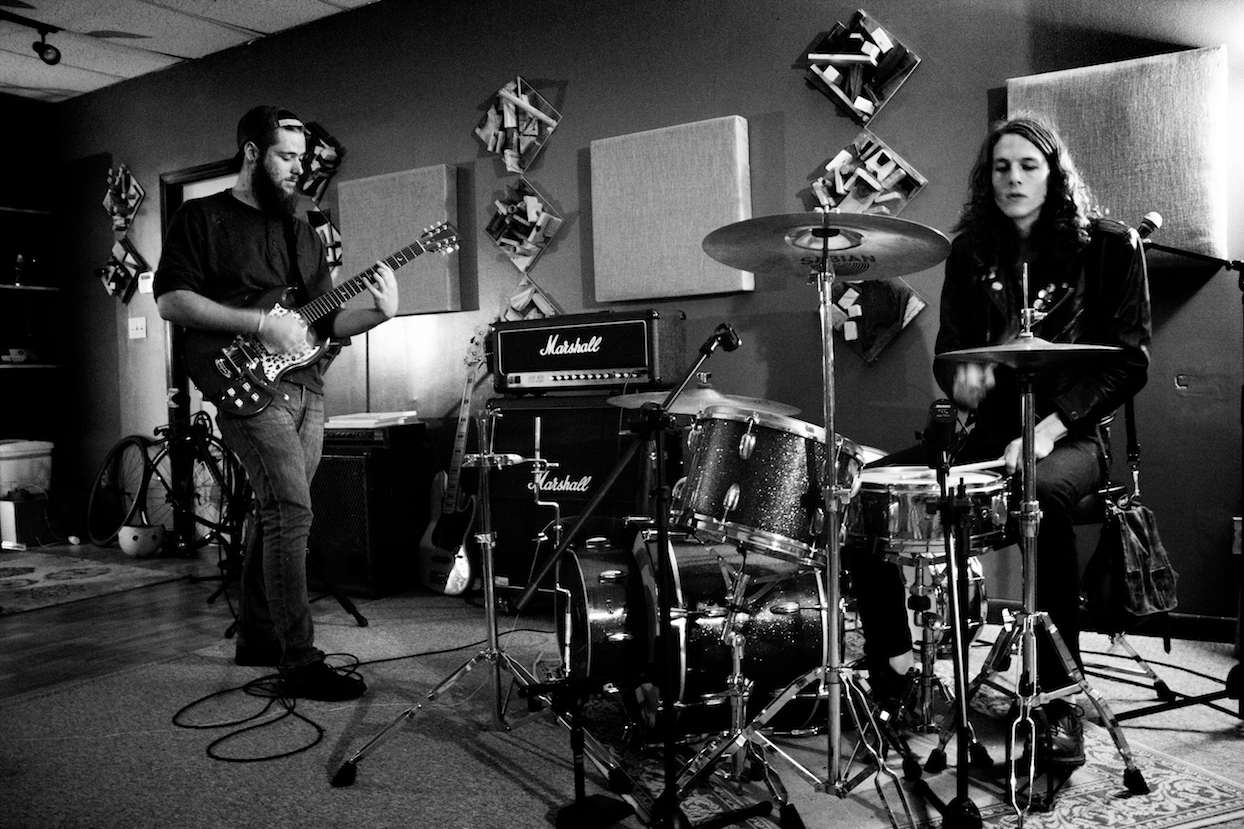 Black and white photo of guitarist Peter Grant and drummer Raleigh Knights, of Greenville, South Carolina band Venus de Milo.